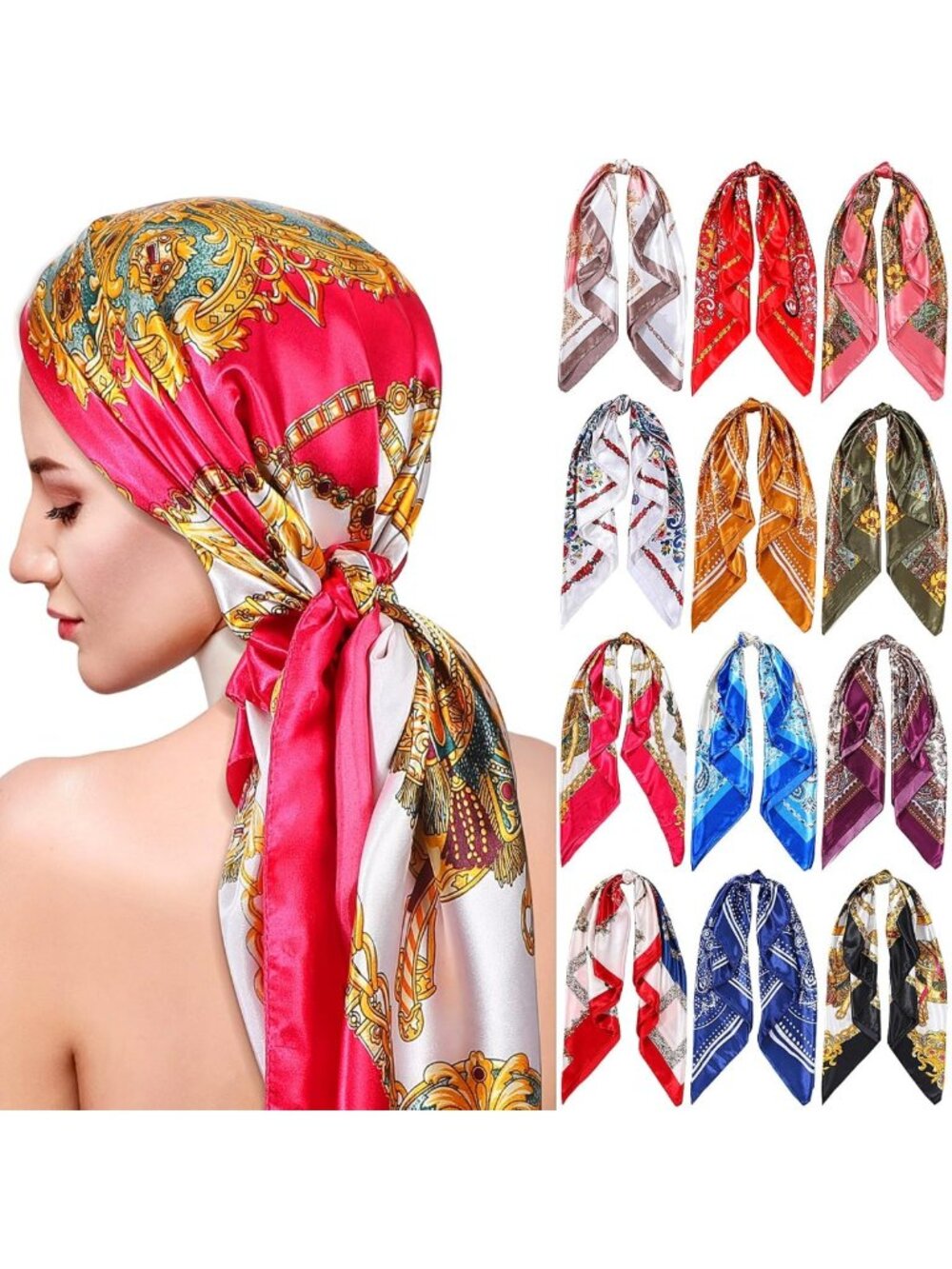 12 Pcs 35" Satin Silk-Like Head Scarves - Lightweight Hair Wraps for Women